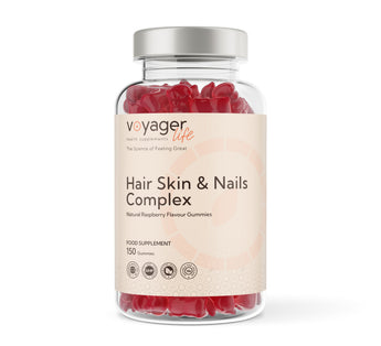 A bottle of Voyager Life Hair Skin & Nails Complex gummies in natural raspberry flavor.
