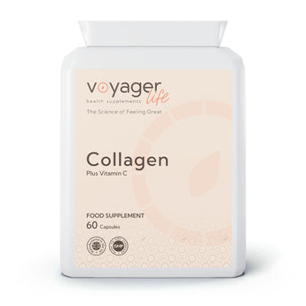 VoyagerLife Collagen + Vitamin C food supplement white jar with a light label on a white background