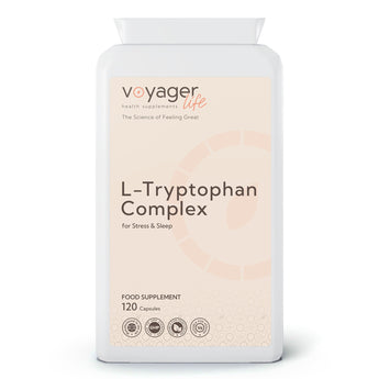 VoyagerLife L-Tryptophan Complex food supplement white jar with a light label on a white background