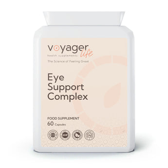VoyagerLife Eye Support Complex food supplement white jar with a light label on a white background