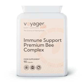 VoyagerLife Immune Support Premium Bee Complex food supplement white jar with a light label on a white background