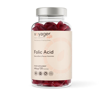 VoyagerLife Folic Acid jar with Natural Red Berry Flavored Gummies and light label on white background